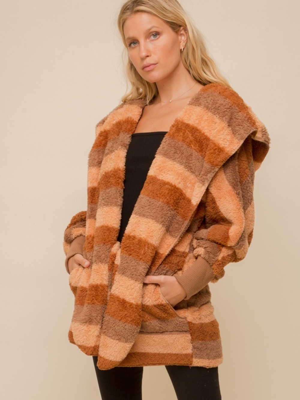 HEM & THREAD Rust Stripe Hoodie Plush Jacket